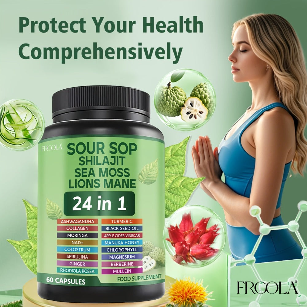 Soursop Graviola Supplement Capsules 24-in-1 with Sea Moss, Shilajit, Lion’s Mane, Vitamin D3, Black Seed Oil