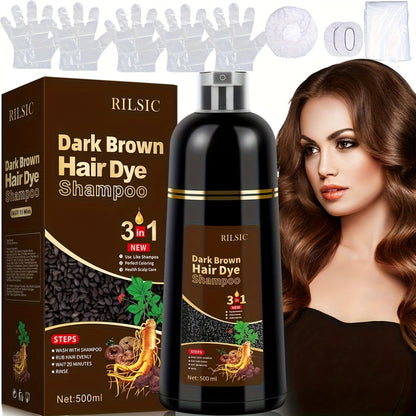 Hair Dye Shampoo, RILSIC Three-Pack of 500ml Bottles in Black, Brown, Dark Brown or Chestnut Brown