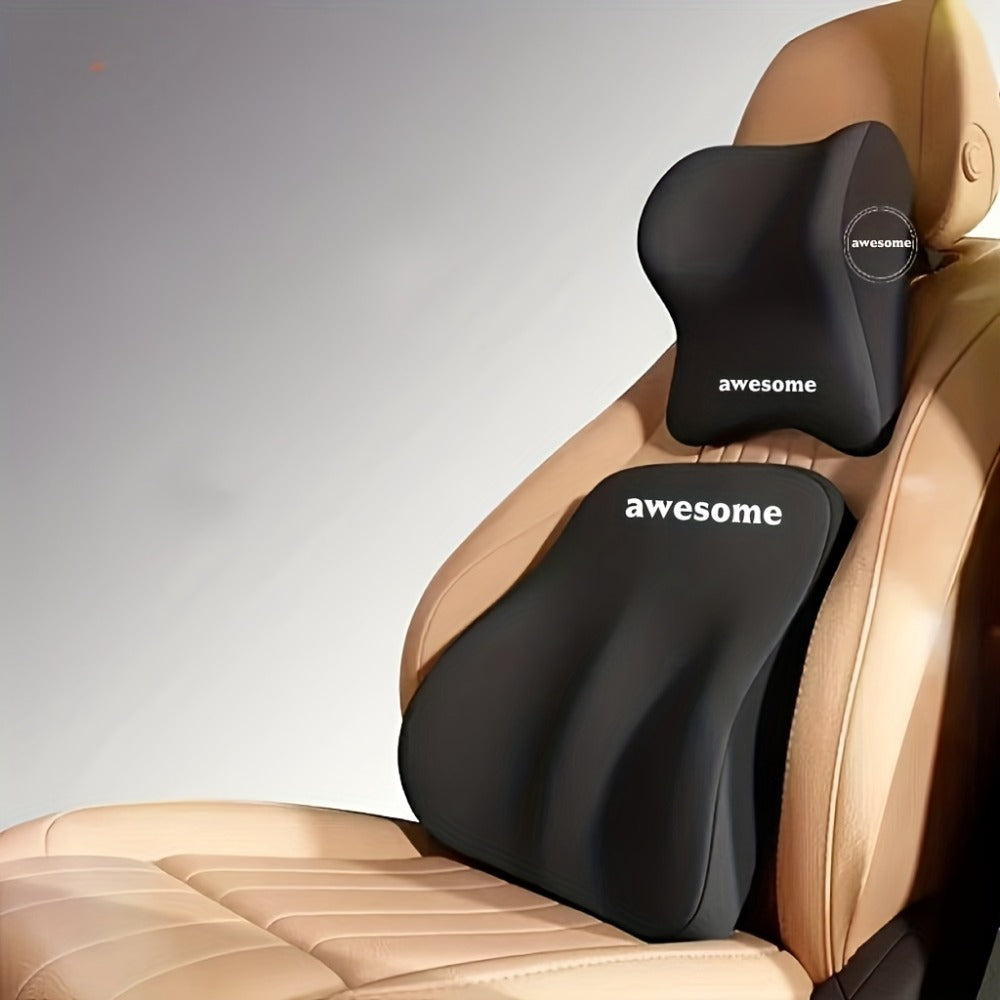 Car Neck Pillow and Lumbar Cushion Set in Black with Memory Foam Fill, Straps and 27 x 29cm and 39 x 38cm Sizes