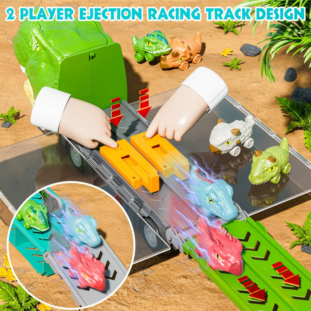Dinosaur Truck Toys 13-in-1 Transport Carrier with 63-Inch Foldable Race Track, 6 Dino Cars + 6 Die-Cast Cars