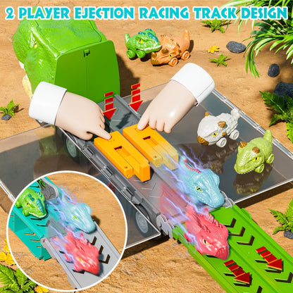 Dinosaur Truck Toys 13-in-1 Transport Carrier with 63-Inch Foldable Race Track, 6 Dino Cars + 6 Die-Cast Cars