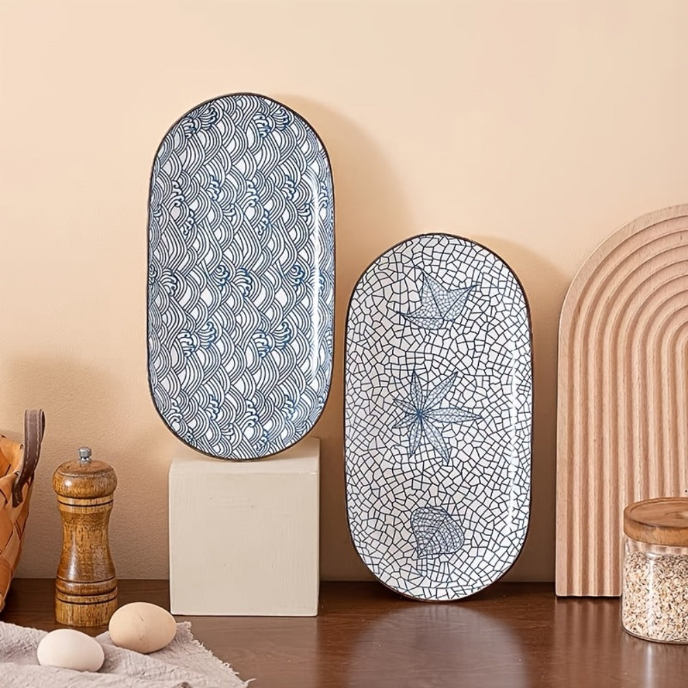 Japanese Blue White Porcelain Fish Plates Set of 4 – 12 Inch Ceramic Serving Plates, Microwave & Oven Safe Steaming Baking Tableware