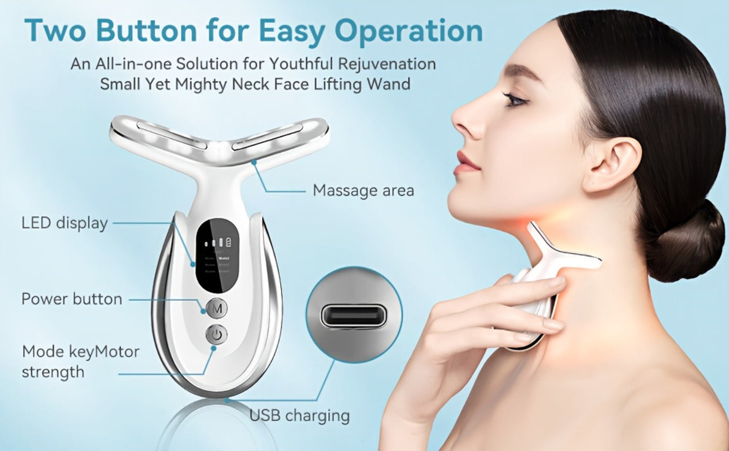 Face & Neck Massager 7-in-1 LED Light Therapy USB Rechargeable - Multifunctional Facial Lifting Wrinkle for Home or Salon Spa Use