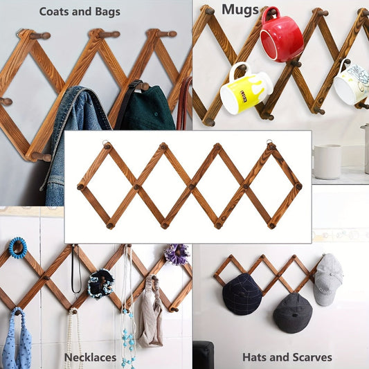 Wall Hat Rack Expandable Wood Accordion Hanger – 13 Hooks for Baseball Caps Coats Scarves Jewelry, Vintage Entryway Hallway Organizer