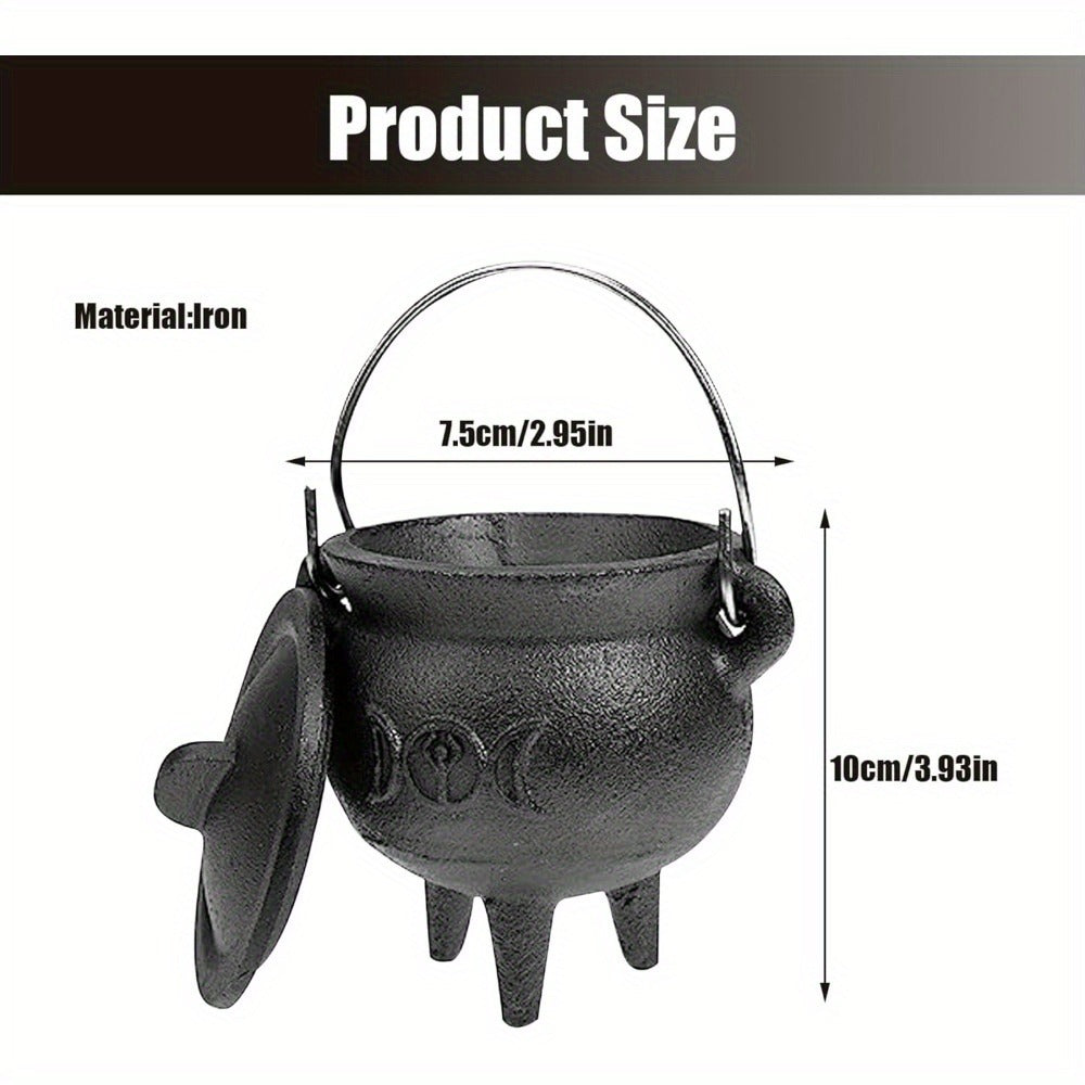 Cast Iron Cauldron with Lid & Handle, Witchcraft Incense Burner, Spell Ritual Pot, Halloween Decor