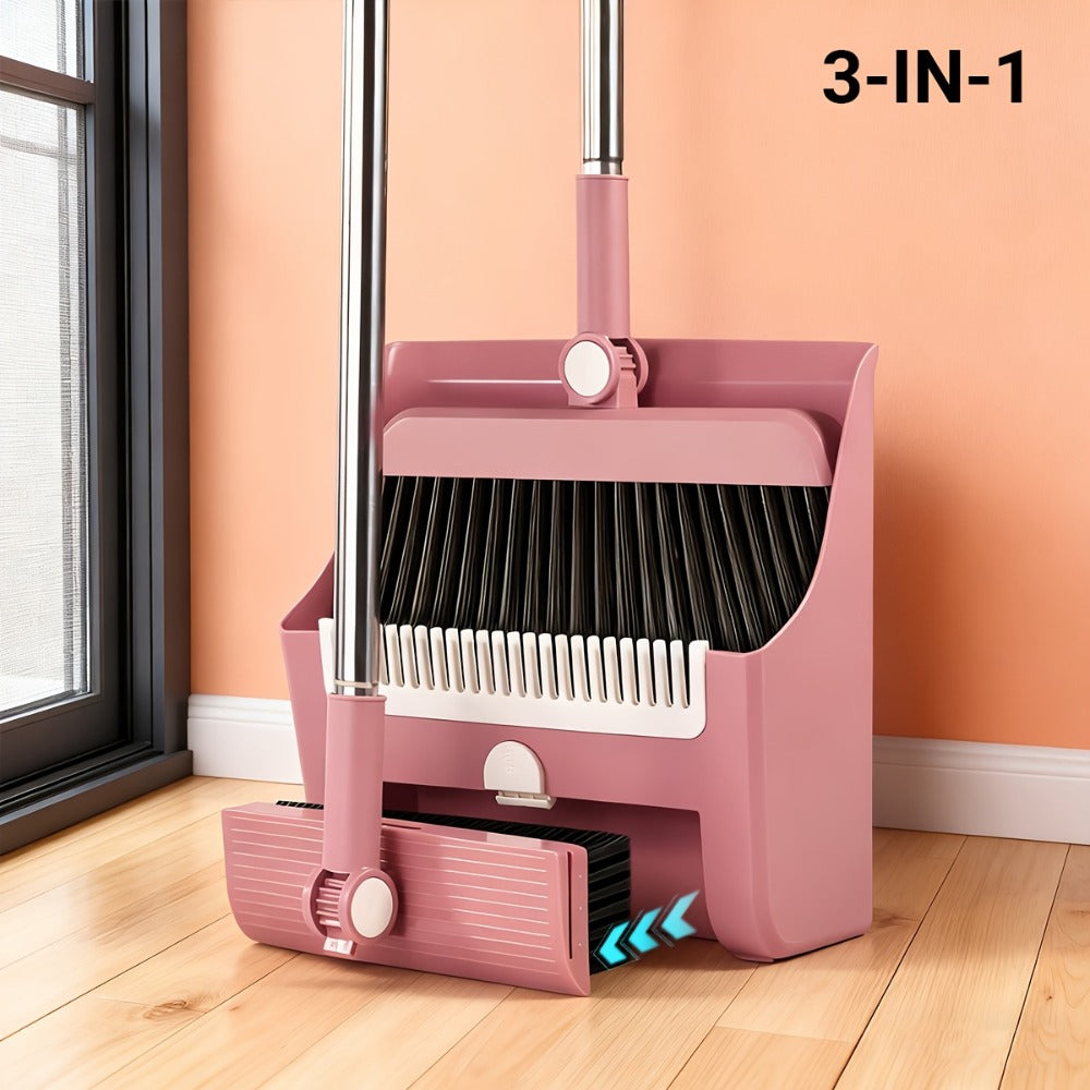 Broom and Dustpan Set 3-in-1 with Wiper – Non-Stick Hair Sweeper Household Floor Broom Combo for Indoor Outdoor Use