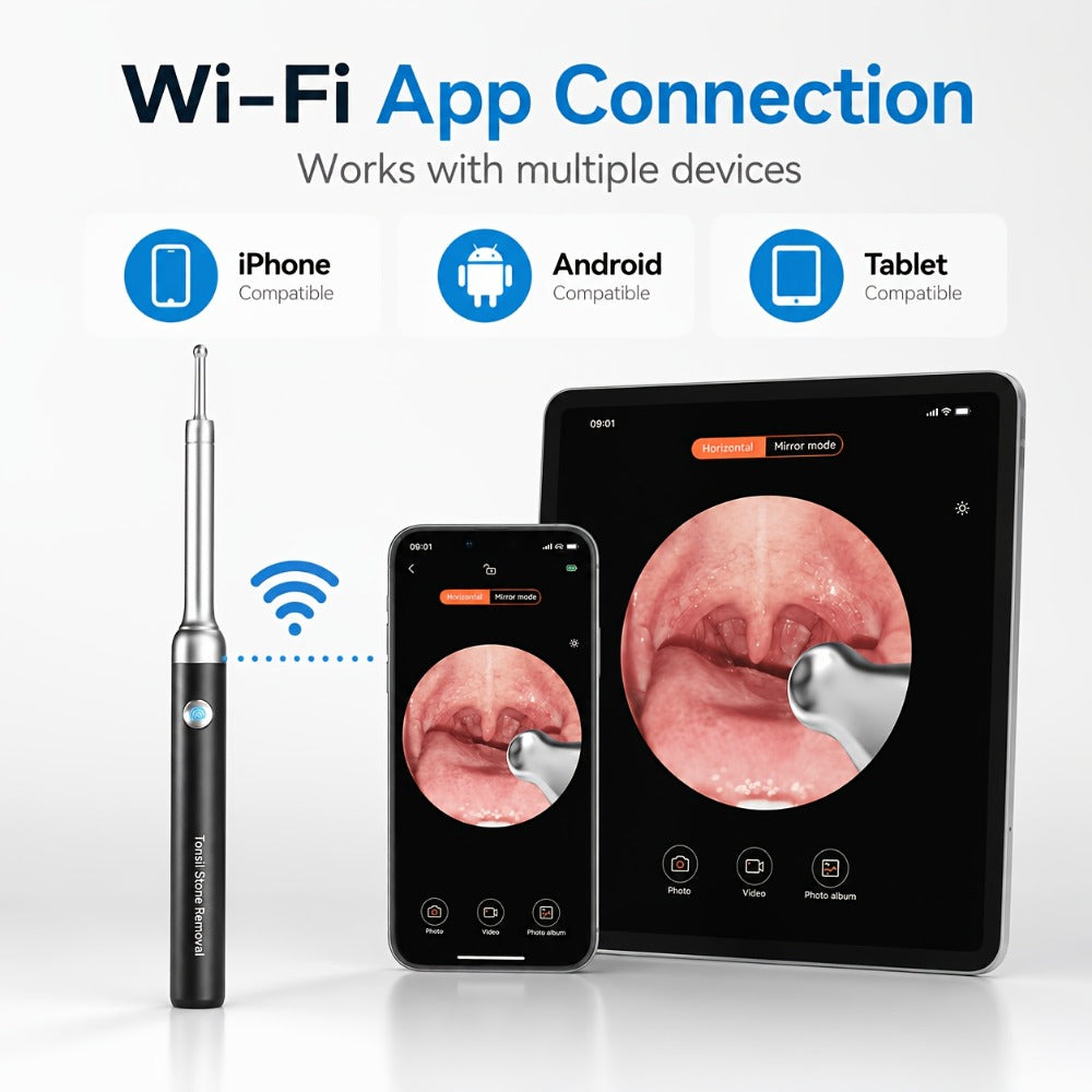 Tonsil Stone Remover with Camera - 1080P HD Visual Tonsil Stone Removal Tool with LED Light, 5-in-1 Stainless Steel Tips