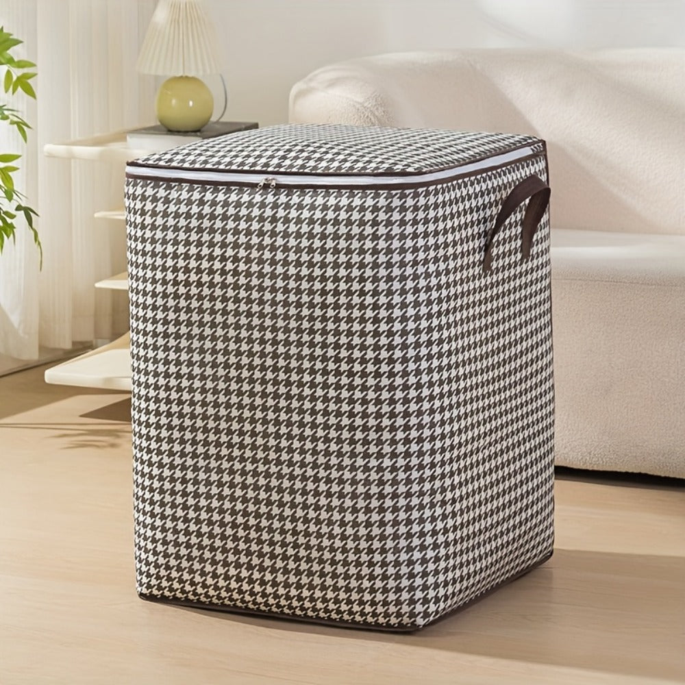 Large Storage Bags Houndstooth Non-Woven Fabric Organizer with Double Zipper & Handles – 160L/180L Dustproof Foldable Storage Box