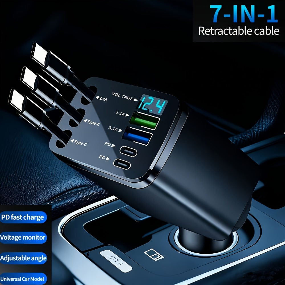 7-in-1 Car Fast Charger with 3 Retractable Cables, LED Digital Display, 180° Adjustable Arm, Universal Plug