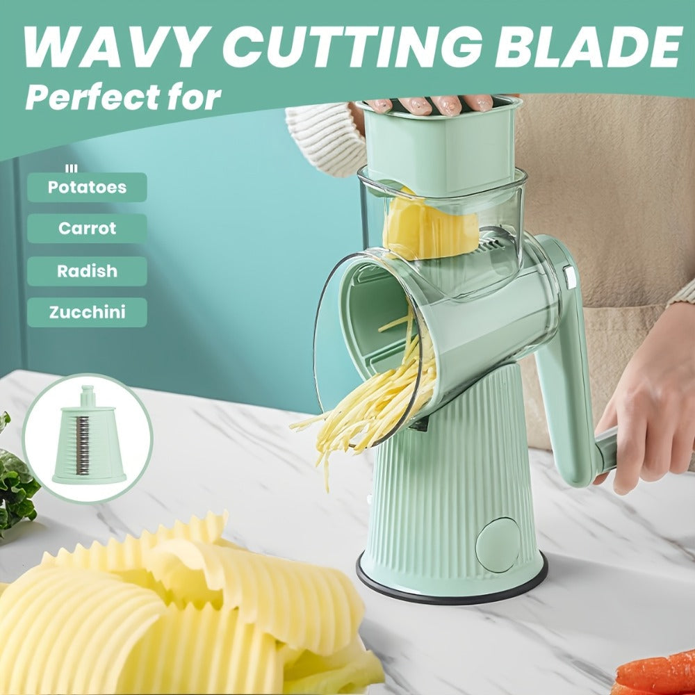 Rotary Cheese Grater with Interchangeable Blades, 5-in-1 Manual Vegetable Slicer Shredder Set, Suction Cup Base