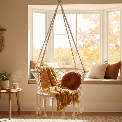 Beige Macrame Hammock Chair with Cotton Rope, Metal Frame and 31.5 x 26-Inch Hanging Seat Design