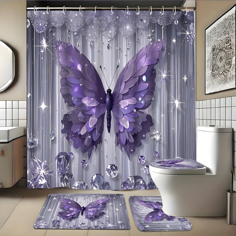Butterfly-Print Shower Curtain with Four Colors and Single-Curtain or Four-Piece Bathroom Set Options