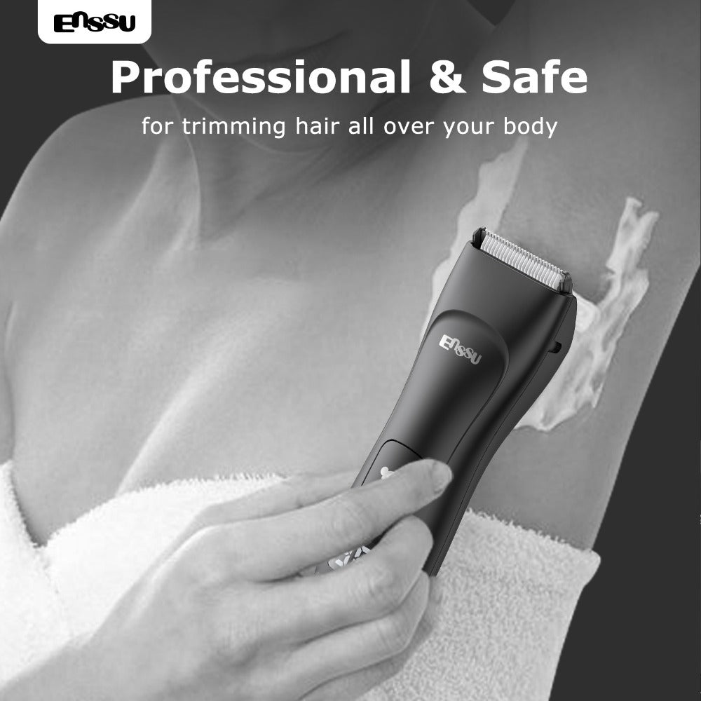 Ceramic-Blade Body Hair Trimmer with IPX7 Rating, LCD Display, Charging Stand and Black Housing