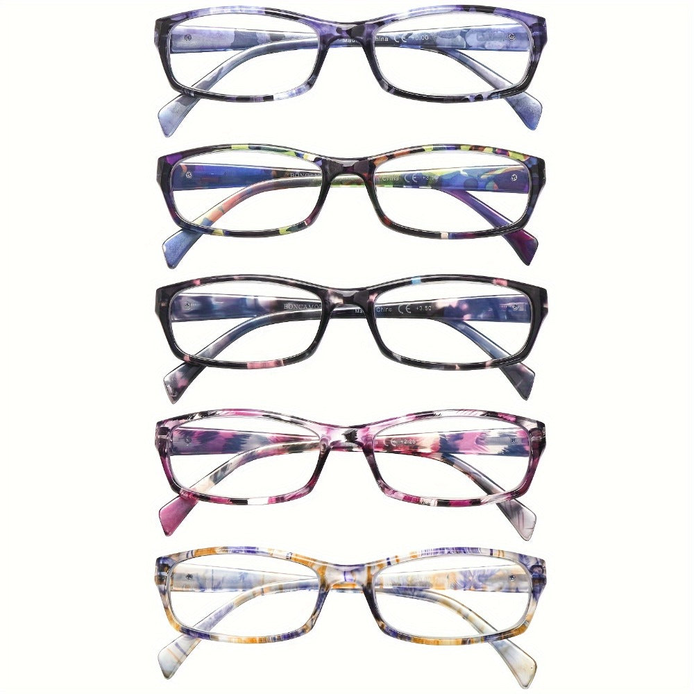 Reading Glasses – Five-Pair Rectangular Set with Spring Hinges and Mixed Colors with Multiple Strength and Color Options
