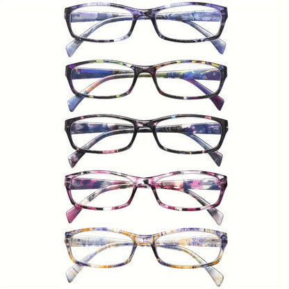 Reading Glasses – Five-Pair Rectangular Set with Spring Hinges and Mixed Colors with Multiple Strength and Color Options