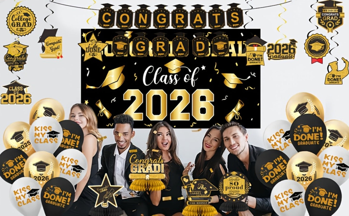 Class of 2026 Graduation Decoration Set with Letter Banner, Hanging Pieces and Six Color Options