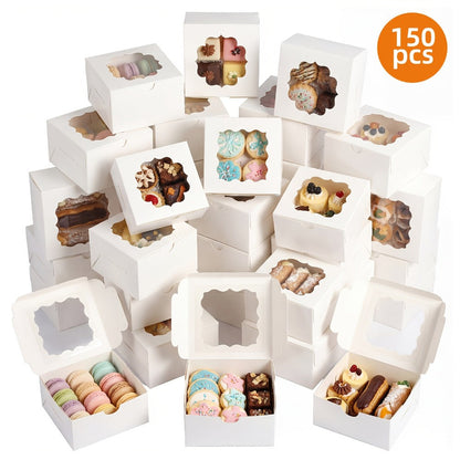 Bakery Boxes with Window 150 Pack White 4x4x2.5 Inch 3 Styles Treat Boxes for Cake Macarons Donuts Dessert Party Favor Wedding Gift