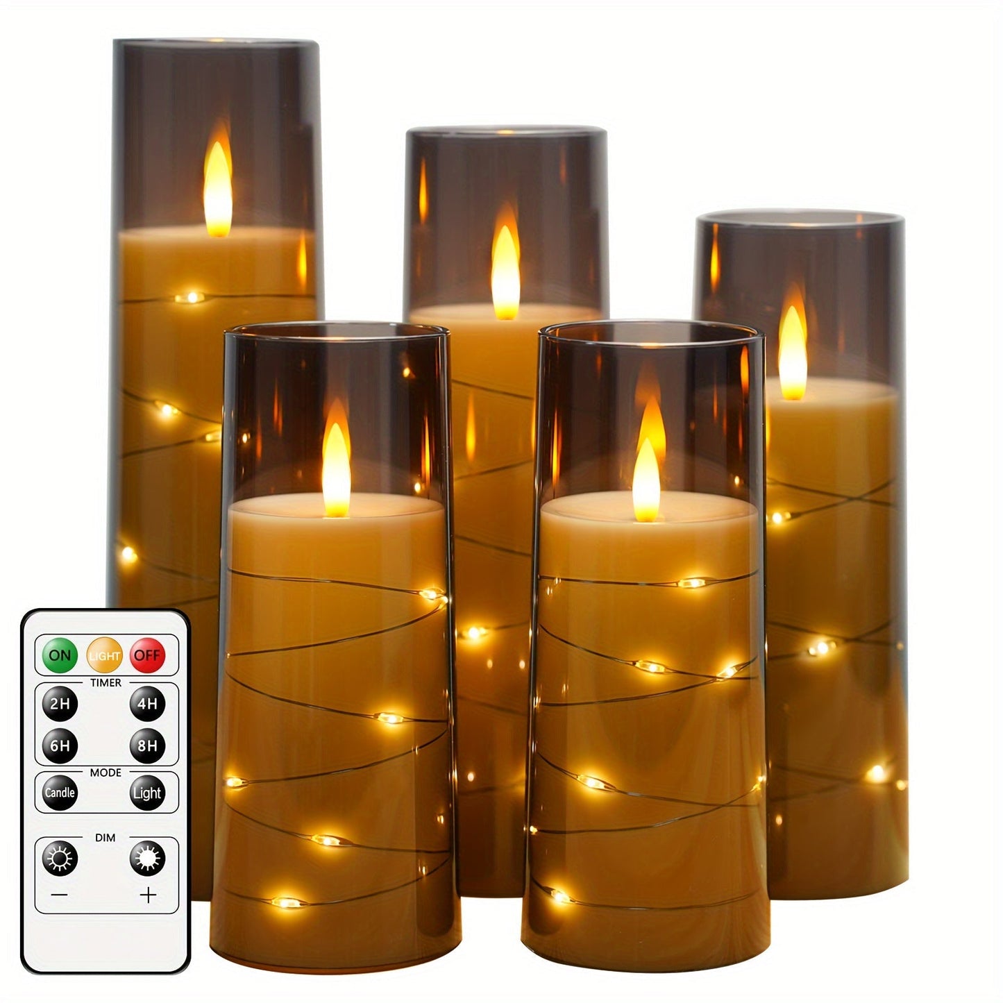 Flameless LED Candles with Remote Control Timer and Star String Lights Set of 5 or 7 Pillar Candles for Wedding Garden Home Decor