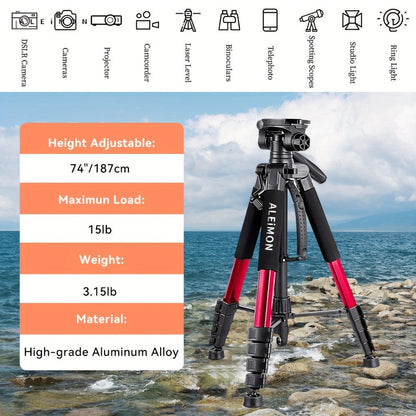 Aluminum Tripod 74 Inch Red 3-Section, ALEiMON 188cm Adjustable Camera Stand with Tote Bag for DSLR