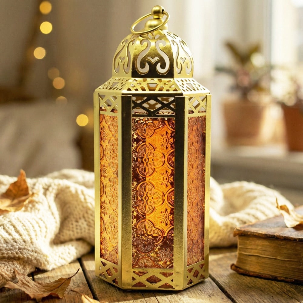 Moroccan Candle Lantern Holder - Decorative Metal & Glass Lantern with Embossed Floral Design for Indoor Home Decor