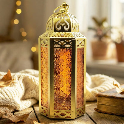 Moroccan Candle Lantern Holder - Decorative Metal & Glass Lantern with Embossed Floral Design for Indoor Home Decor