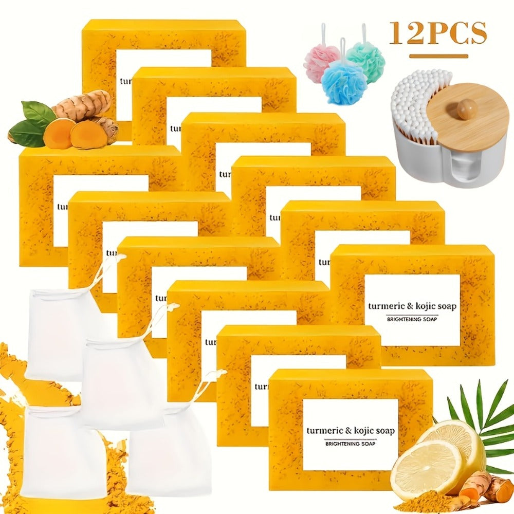 Turmeric Kojic Acid Brightening Soap Handmade Lemon Cold Process Deep Cleansing Hydrating Bar for Face & Body All Skin Types