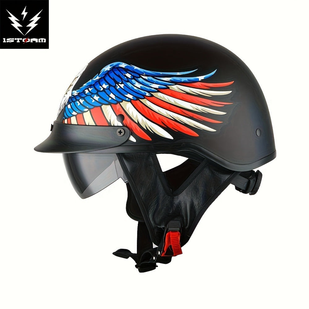 Motorcycle Helmet 1STORM Half-Shell with Retractable Smoked Visor, Five Graphic Styles, S-XL Sizes and Quick-Release Strap