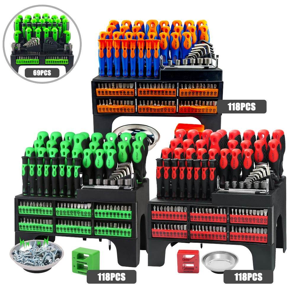 Screwdriver Organizer Set with 69- or 118-Piece Rack Configurations in Green, Red or Orange and Blue