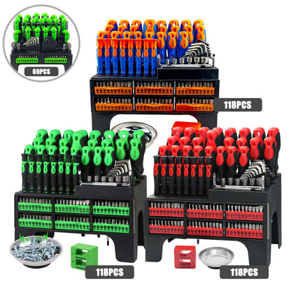 Screwdriver Organizer Set with 69- or 118-Piece Rack Configurations in Green, Red or Orange and Blue