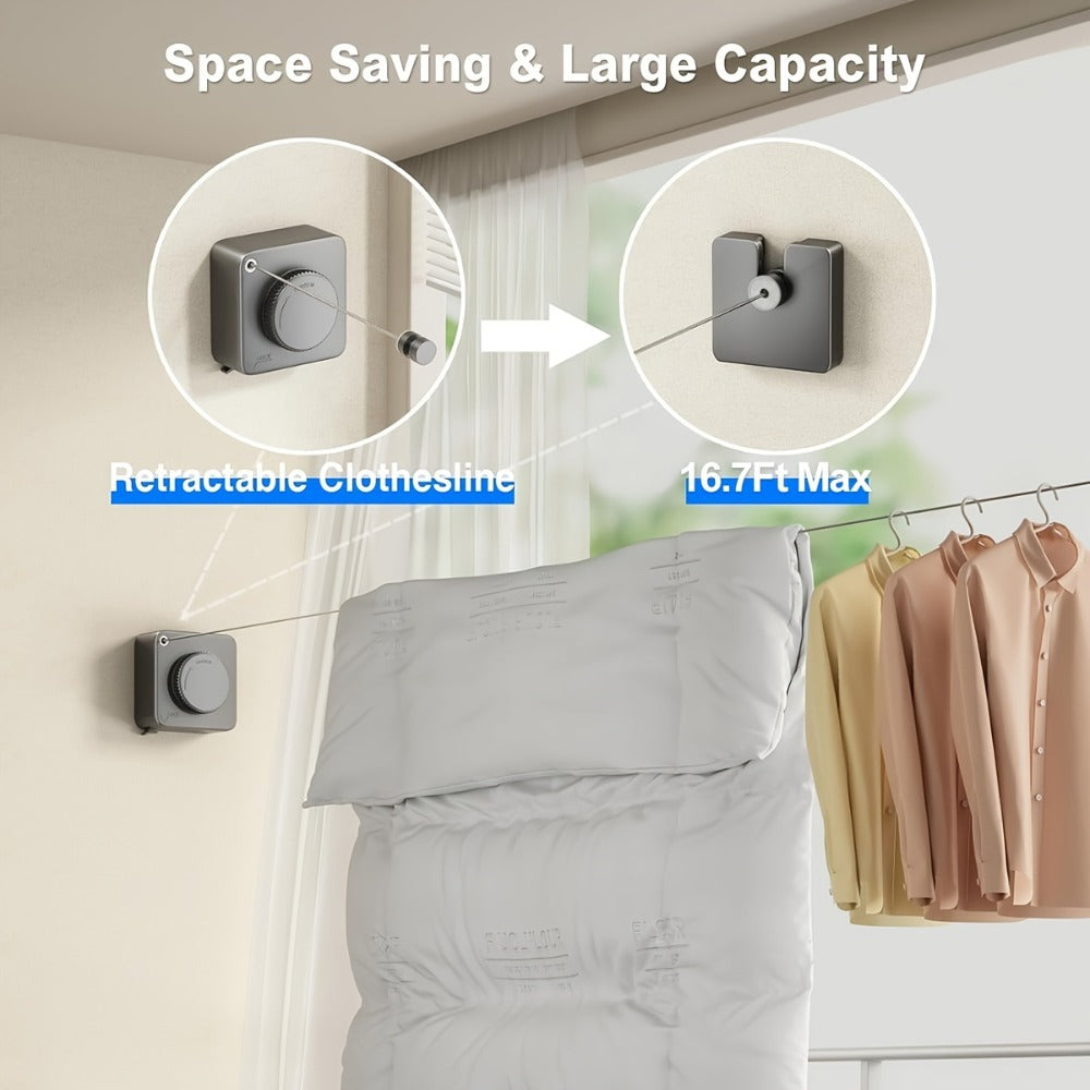 Retractable Clothesline Wall Mounted Stainless Steel Non-Sagging Indoor Outdoor Laundry Drying Line 15.1 Ft