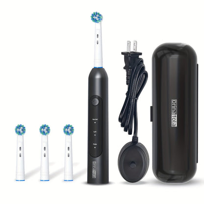 Electric Toothbrush with 3 Rotating Cleaning Modes – Induction Charging, 4 Replacement Brush Heads, Travel Case Included