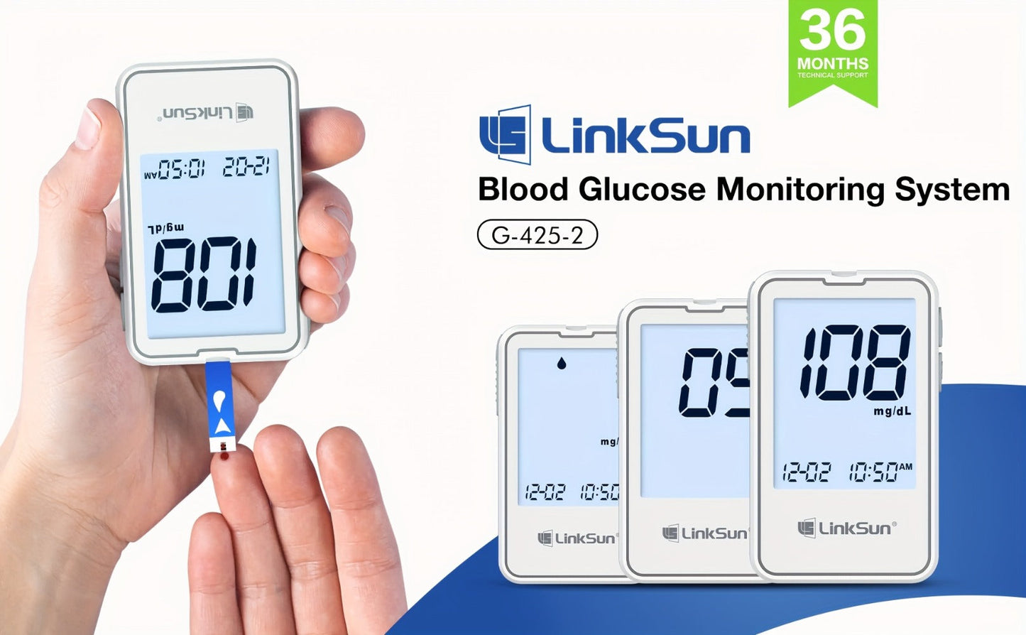 Blood Glucose Monitor Kit with 100 Test Strips & Lancets, Linksun Diabetes Testing Set, Large Display 448 Memory No Coding Glucometer