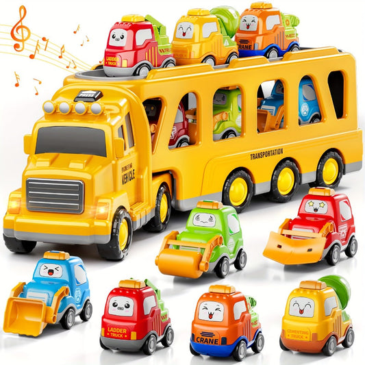 Transport Construction Truck Toy for Boys, 16.9 Inch Large Carrier Truck with 6 Cars, Lights & Sounds
