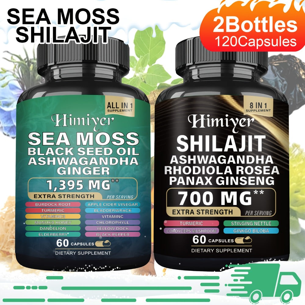 Sea Moss 7000mg & Shilajit Supplement Bundle, Black Seed Oil 4000mg, Ashwagandha 2000mg, Panax Ginseng 1500mg