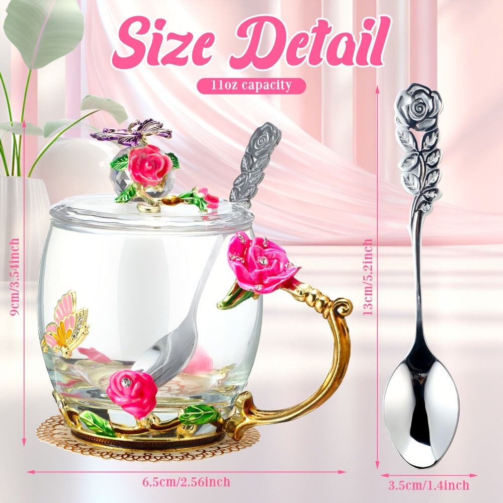 Flower Glass Tea Cups with Lids and Spoon Set of 4, Butterfly Floral Vintage Clear Glass Mugs 11oz