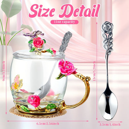 Flower Glass Tea Cups with Lids and Spoon Set of 4, Butterfly Floral Vintage Clear Glass Mugs 11oz