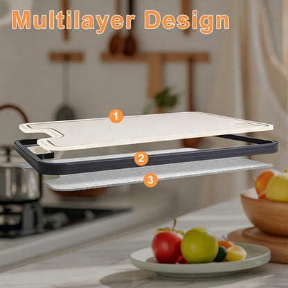 Double-Sided Cutting Board with Stainless-Steel and Wheat-Straw PP Faces, Handle and 16 x 11-Inch Size