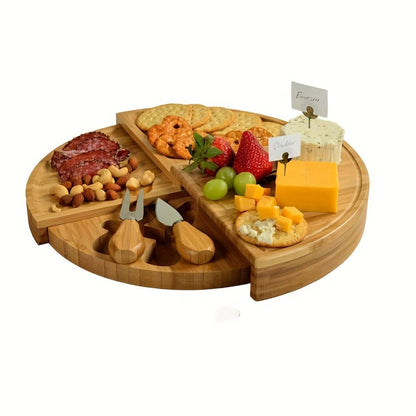 Bamboo Cheese Board Set with 2 Knives – Wood Charcuterie Platter Pizza Board Fruit Snack for Home Cooking, Dining and Outdoor Meals