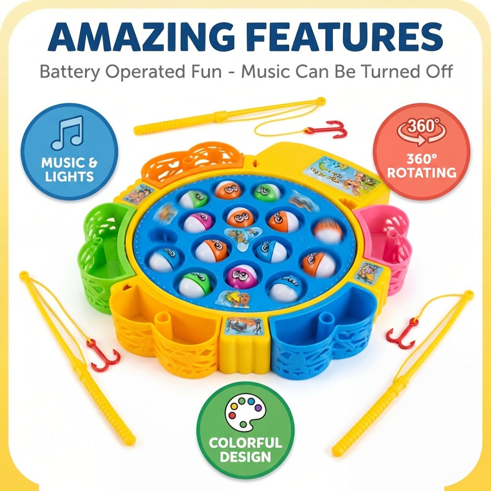 Electric Musical Fishing Game Toy for Kids, Rotating Fishing Board with Colorful Fish, Lights & Music