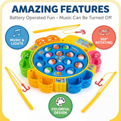 Electric Musical Fishing Game Toy for Kids, Rotating Fishing Board with Colorful Fish, Lights & Music
