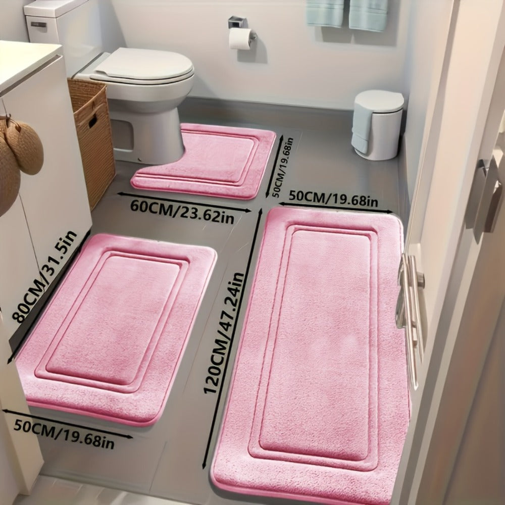 Three-Piece Bathroom Mat Set with 50 × 120, 50 × 80 and 50 × 60 cm Rugs in Five Solid Colors