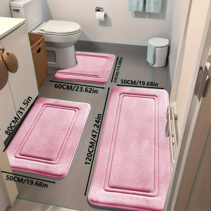 Three-Piece Bathroom Mat Set with 50 × 120, 50 × 80 and 50 × 60 cm Rugs in Five Solid Colors