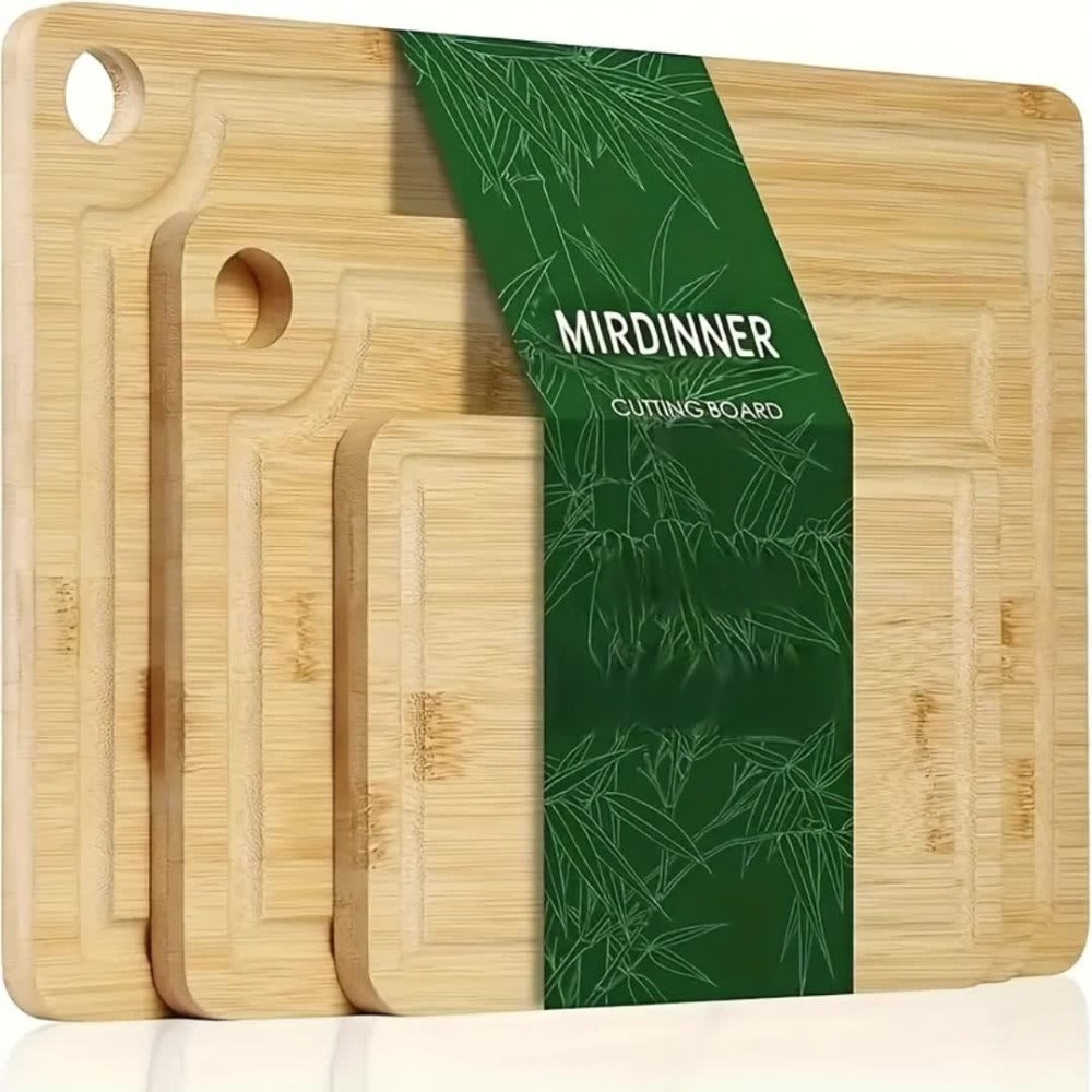 Cutting Board Three-Piece Bamboo Set with Juice Grooves, Carry Handles and Three Nested Sizes