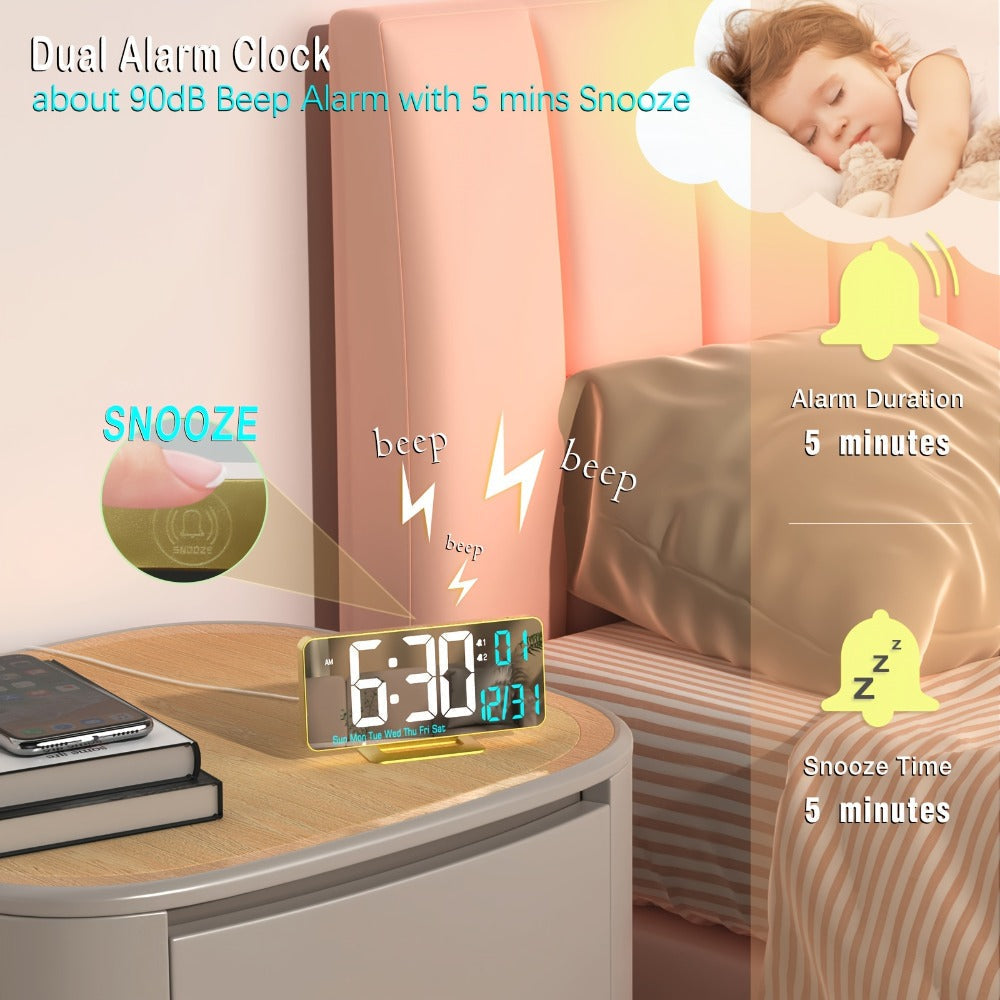Large Digital Alarm Clock 6.7" with Dual Alarm & Dimmable LED Display, USB Powered Desk Clock with Temperature