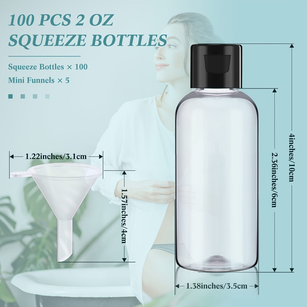 Squeeze Bottles 2oz Flip Cap 100 Pack Clear Plastic Refillable Travel Dispenser Containers BPA Free for Shampoo Lotion Conditioner Liquid