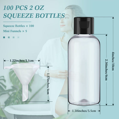 Squeeze Bottles 2oz Flip Cap 100 Pack Clear Plastic Refillable Travel Dispenser Containers BPA Free for Shampoo Lotion Conditioner Liquid