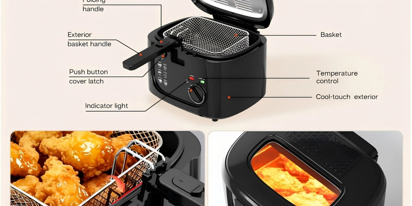 1500W Deep Fryer in Black or White with 84.54-Ounce Source Capacity, Windowed Lid and Rotary Dial