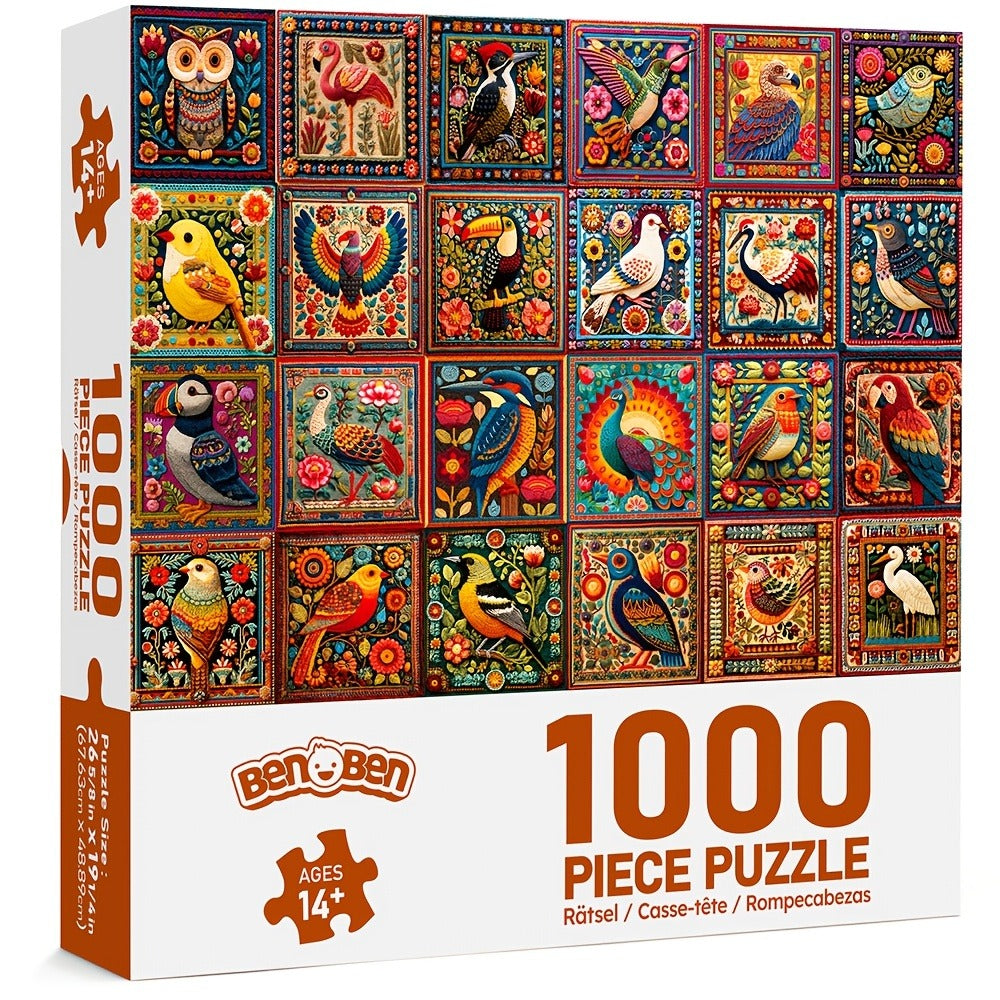 1000 Piece Bird Puzzle for Adults Bird Crochet Design – Challenging Animal Jigsaw with Letters on Back, Family Game Night Home Decoration