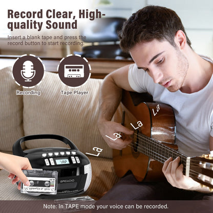 CD and Cassette Player Combo Boombox Portable AM FM Radio Tape Recording Stereo Sound for Bedside Audio, Alarms and Room Entertainment