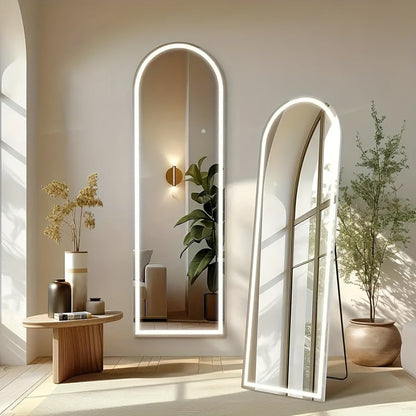 Full Length Mirror Floor Standing with LED Light – Arched & Rect Aluminum Frame Dressing Mirror for Bedroom Living Room, Black/Golden/White